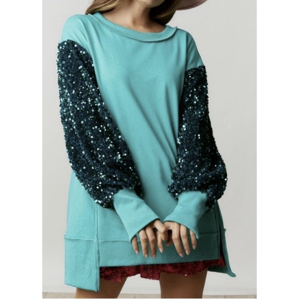 Fantastic Fawn Turquoise Green Sequin Oversized Sweatshirt SZ Med Party Festival
